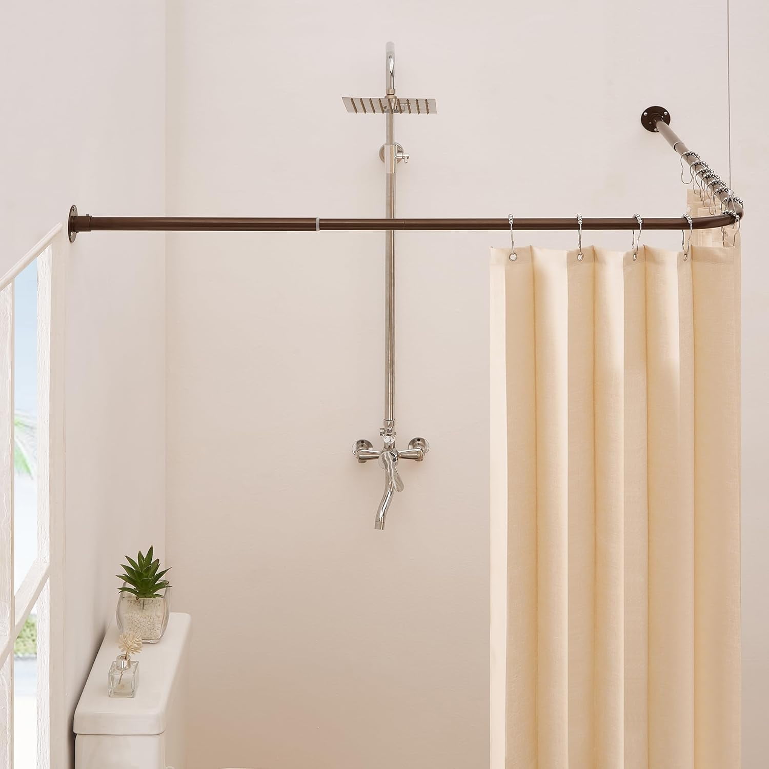 Adjustable L-Shaped Corner Shower Curtain Rod (24-51.5") - No Sag, Stainless Steel With 12 Rings For Bathroom