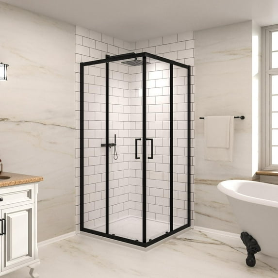 Corner Shower Enclosure 35"D x 35" W x 72" H (Can be matched with a 36in. shower pan), Double Sliding Corner Shower Door with 1/4" Tempered Glass and Cushioning Magnetic Closure, in Matte Black