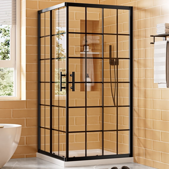 Corner Shower Enclosure, 36 in x 36 in x 72 in Double Sliding Door, 6mm Black Grid Tempered Glass with Protective Safety Film