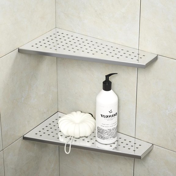 Corner Shower Shelf 12" Polished 304 Stainless Steel Recessed Trapezoid Grout in Shelves with Grid Design Bathroom Shelf Racks for Tiled Wall, 2 Pack