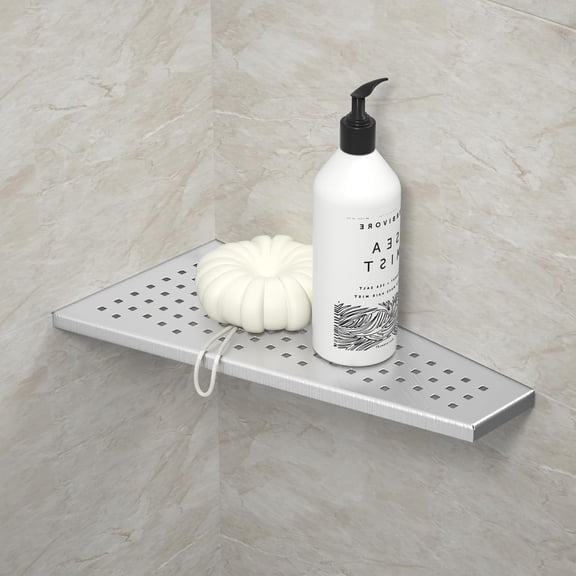 Corner Shower Shelf 12" Polished 304 Stainless Steel Recessed Trapezoid Grout in Shelves with Grid Design Bathroom Shelf Racks for Tiled Wall, 2 Pack