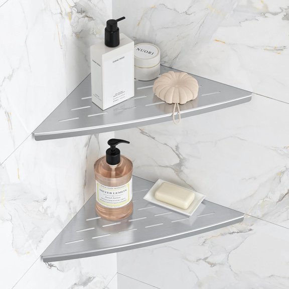 Corner Shower Shelf Brushed Nickel, 304 Stainless Steel 11.5” Recessed Corner Shelf Bathroom for Tiled Wall, Floating Shower Shelves Shampoo Holder, No Drilling, 2 Pack