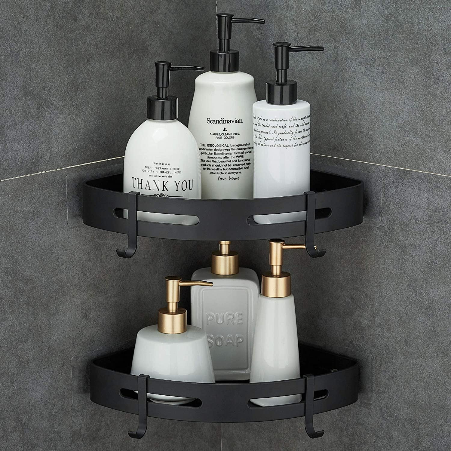 Corner Shower Shelf - with Hooks Bathroom Organizer Storage Rack for  Shampoo Conditioner, No Drilling RustProof Stainless Adhesive Basket Shelf