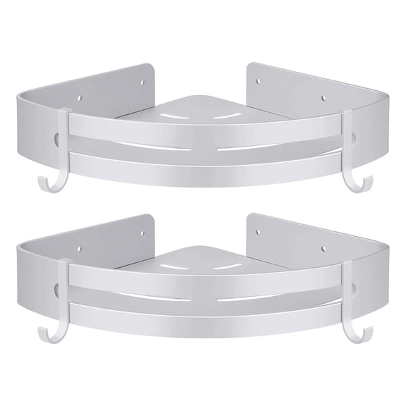Corner Shower Shelf No Drilling Bathroom Shower Storage Bathroom Accessory Shower Rack No Rustproof Aluminum Set of 2 White with Hooks