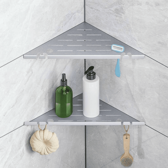 Corner Shower Shelf Organizer with Hooks and Razor Hole No-Drill Tile Mount Rustproof Stainless Steel 2 Pack Silver 10 Inch