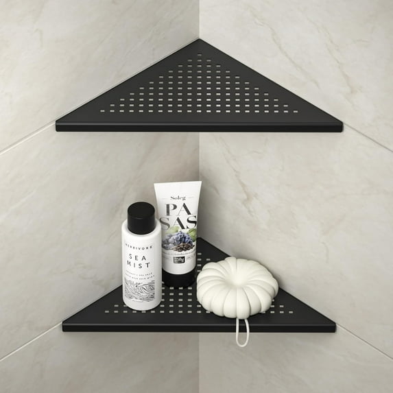 Corner Shower Shelves, 12" Matte Black 304 Stainless Steel Recessed Shelf for Bathroom, Grout in Shelf for Tiled Wall, 2 Pack Large Size, No Drilling Needed