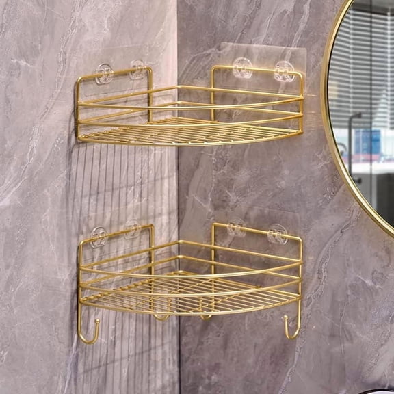 Corner Shower Shelves with 4 Hooks, 2-Tier Stainless Steel Bathroom Shower Organizers, Wall Mounted Caddy Shelves No Drilling with Adhesive, Triangle Storage Shelf for Toilet, Dorm and Kitchen, Gold