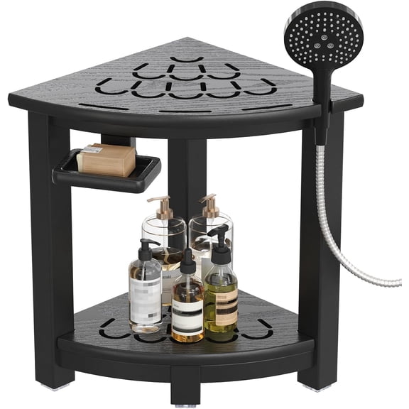 Corner Shower Stool, HDPE Bench for Inside Shower, Small Chair Seat Shaving Legs with Storage Shelf, Soap Box and No-Slip Feet (Black)