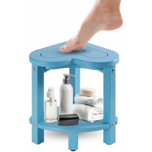 Corner Shower Stool for Shaving Legs， HDPE Waterproof Bathroom Shower Bench, Poly Lumber Corner Seat with Storage Shelf, Adjustable Height Non-Slip Feet, No Maintenance(Pacific Blue)