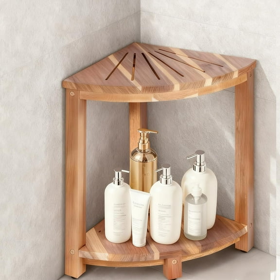 Corner Shower Stool with Storage Shelf Non Slip Adjustable Feet and Drain Holes