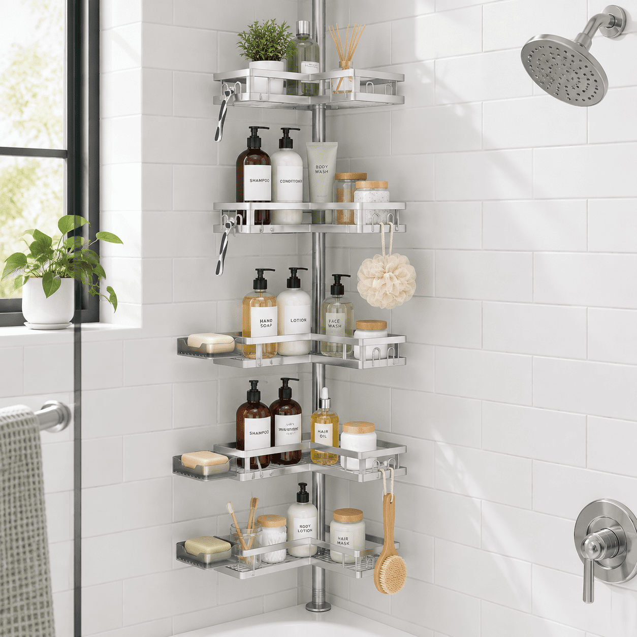 Shower Riser Shelf Corner Shower Tension Pole 25.7-109.1in Adjustable Shelves Rust ...