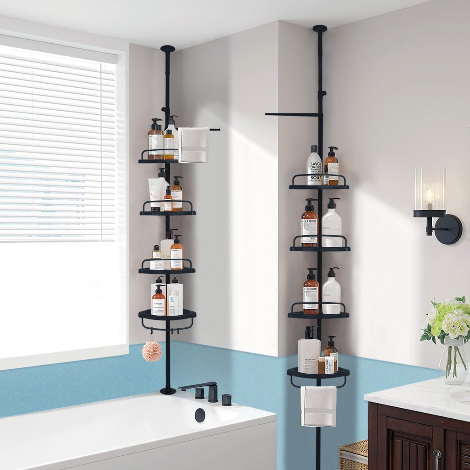 Corner Shower Tension Pole, 4Tier Adjustable Shower Shelves, Rustproof