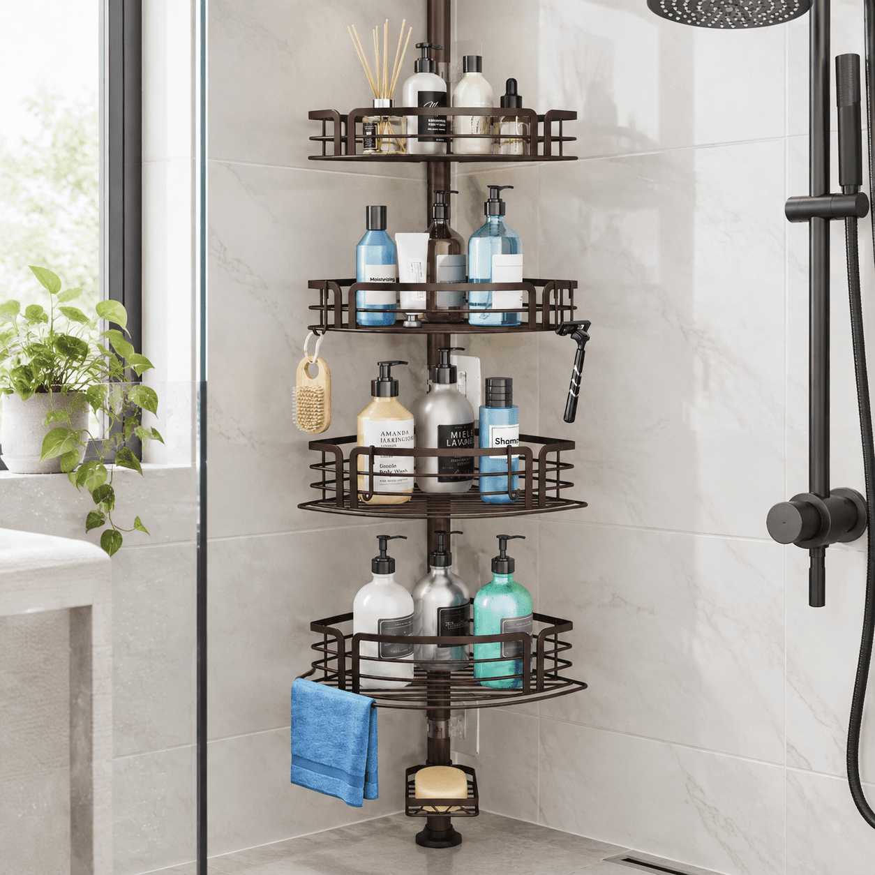 Corner Shower Tension Pole - Rustproof Shelves With Towel Bar & Soap ...
