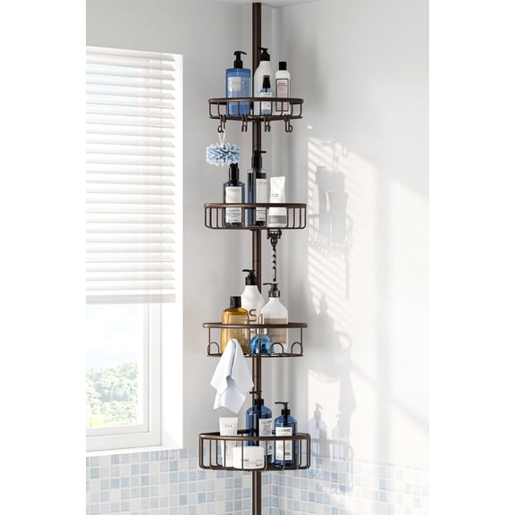 Corner Shower  Tension Pole: Stainless  Rustproof 4-Tier Shower Organizer - -121 inch Adjustable Bathroom Shelves for Bathtub Shampoo Storage - Tension Rod Floor Standing Bath Rack -