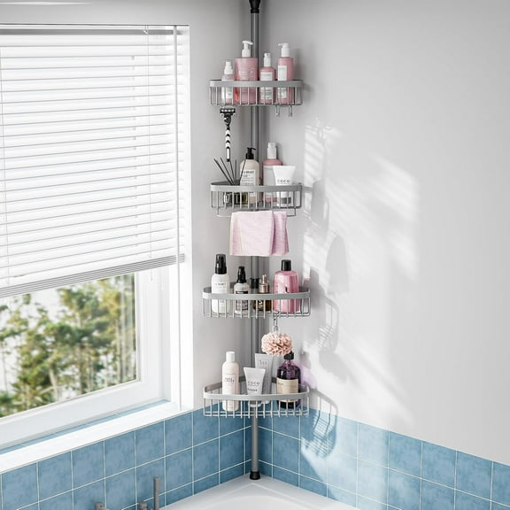 Corner Shower Tension Pole: Stainless Rustproof 4-Tier Shower Organizer - -121 inch Adjustable Bathroom Shelves for Bathtub Shampoo Storage - Tension Rod Floor Standing Bath Rack