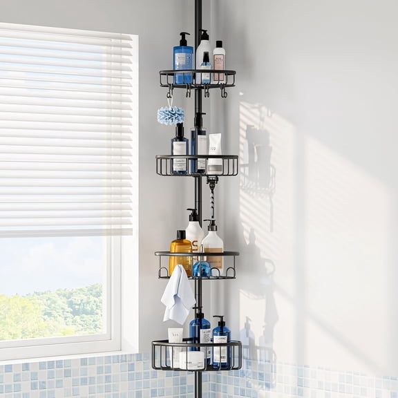 Shower tension rod organizer, 4 tier stainless steel rustproof caddy, adjustable 47-121 inches for bathtub shampoo storage, floor standing bath rack, black