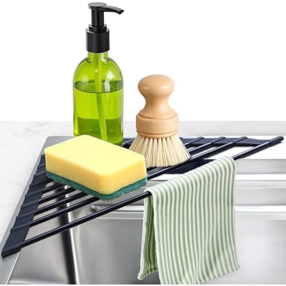 Corner Sink Caddy,  Sponge Holder for Kitchen Sink Organizer Silicone Wrapped Steel Anti Slip Rust Triangle Over the Sink Dish Drying Rack for Sink Corner Multipurpose Drainer Trivet Space-Saving