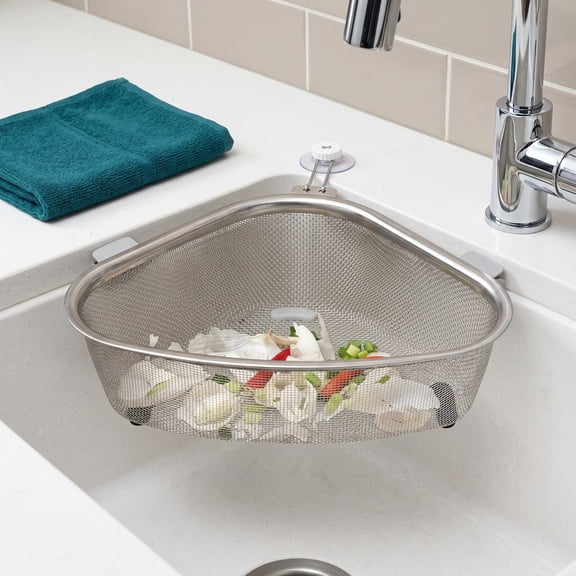 Corner Sink Strainer, Triangle Sink Drainer Basket, Sink Corner Drain Rack,Multi-Use Fruit Vegetable Soap Sponge Holder, Rust-Resistant Sink Rack