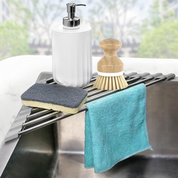 Corner Sink Triangle Dish Drying Rack for Sink Corner, Sponge Holder Roll Up Dish Drying Rack Over The Sink, Stainless Steel Kitchen Sink Organizer Drainer Mat Sponge for Counter Storage