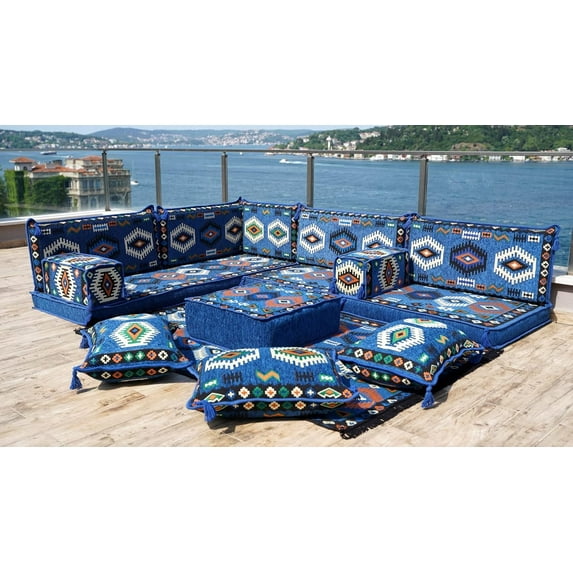 Corner Sofa for Living Room, Blue Modular Sofa, Arabic Floor Cushions, Sofa Bed, Full Size Futon Mattress, Foldable Sofa Couch