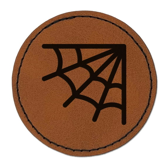 Corner Spider Web 2.5" Faux Leather Round Engraved Iron-On Patch - Brown
