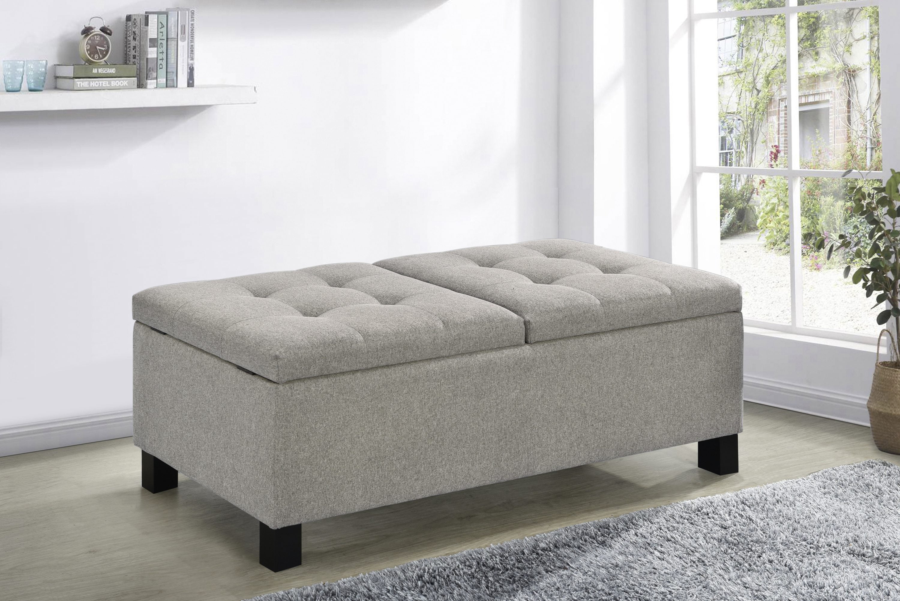 Sandy Beige Transitional Storage Bench with Tufted Cushion