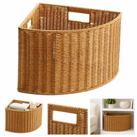 Corner Storage Basket Woven Organizer, Compact FanShape Triangle Storage Bin with Side Handle for Office, Bathroom, Bedroom and Narrow Space