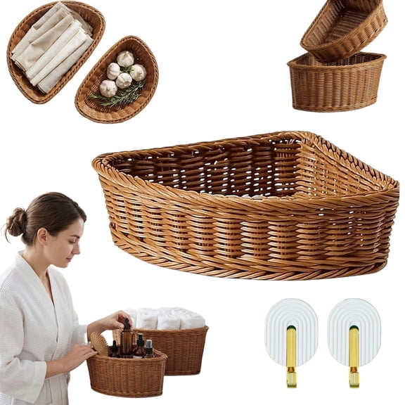 Corner Storage Basket Woven Organizer, Triangle Baskets for Corner Shelf,Corners Storage Bin, Durable Imitation Rattan Corners Storages Bin for Bathroom, Closet, Pantry and Entryway(S)