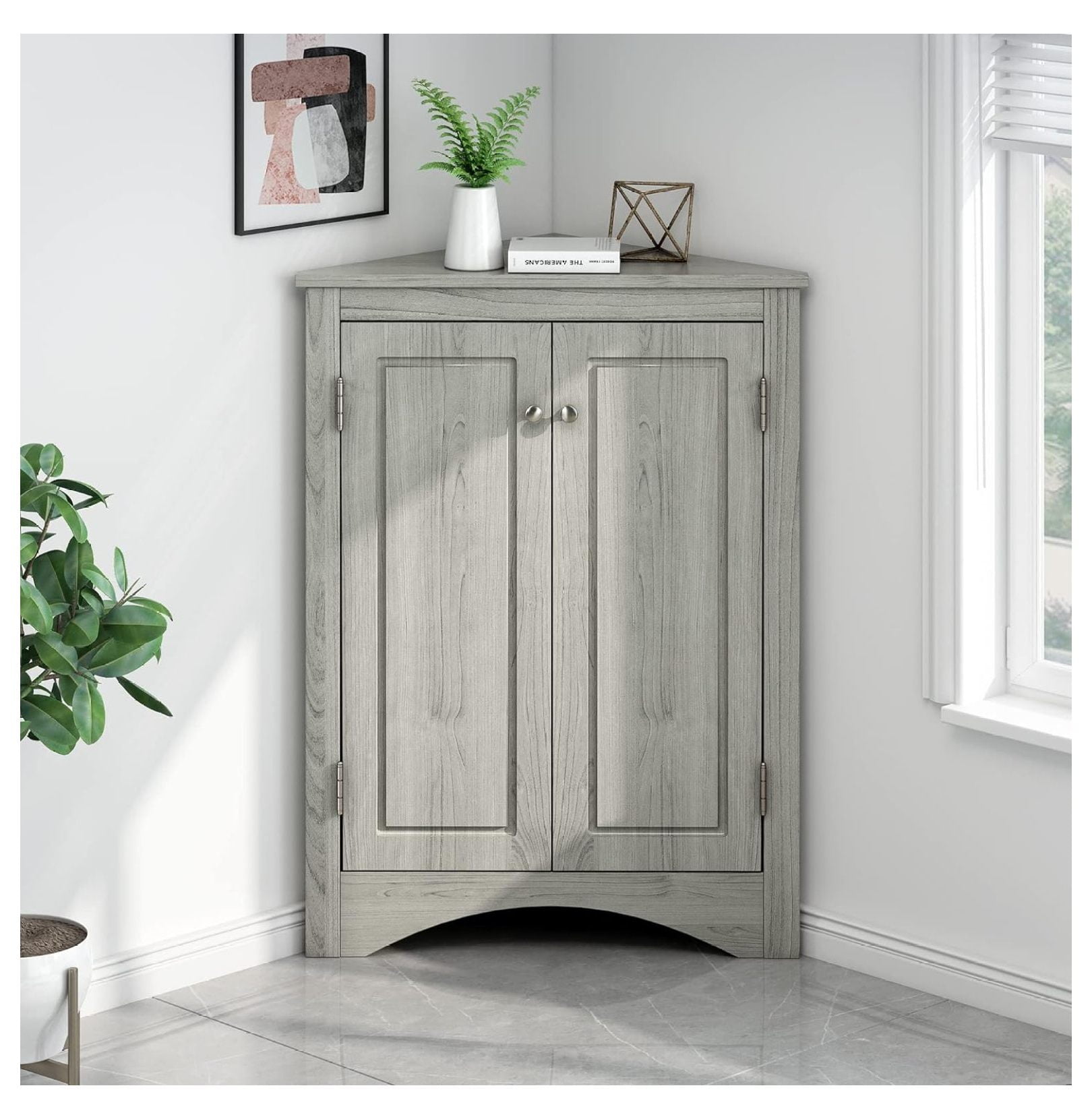 Corner Storage Cabinet with 2 Doors and 2 Tier Adjustable Shelves, Freestanding Floor Bathroom ...