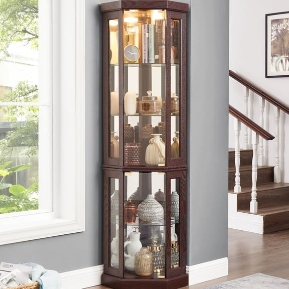 Corner Storage Cabinet | Display Favorite Items in Home Corner | Cherry - Colored Wood and Glass Design | Customizable Organization with Adjustable Shelves