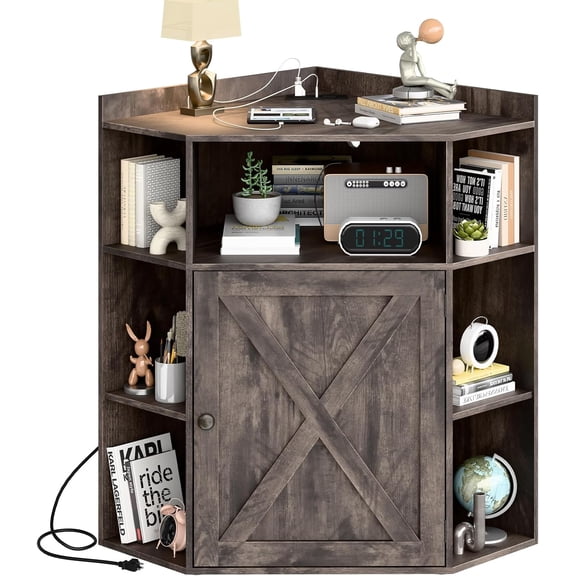 Corner Storage Cabinet, Farmhouse Corner Bookshelf with Storage 6-Cubby Wooden Cabinet with USB Ports and Outlets  Organizer for Small Space, Study, Playroom, Living Room