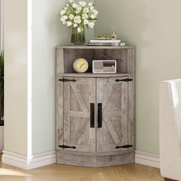 Corner Storage Cabinet, Farmhouse Small Floor Corner Cabinet with Barn Door and Adjustable Shelf, Narrow Cabinet Organizer for Bathroom,Pantry, Living Room, Kitchen, Grey
