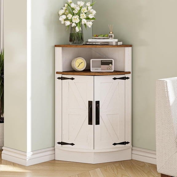 Corner Storage Cabinet, Farmhouse Small Floor Corner Cabinet with Barn Door and Adjustable Shelf, Narrow Cabinet Organizer for Bathroom,Pantry, Living Room, Kitchen, White