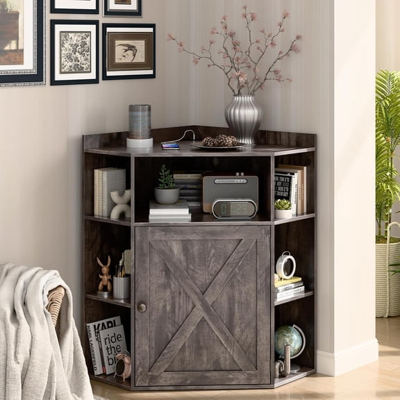 Corner Storage Cabinet, Farmhouse  Wooden Bookshelf with USB Ports and Outlets, 6-Cubby Industrial Organizer for Small Space