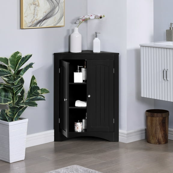 Corner Storage Cabinet, Small Corner Cabinet with Barn Door and Adjustable Shelf, Freestanding Hutch Cupboard for Bathroom, Kitchen, Living Room, Coffee