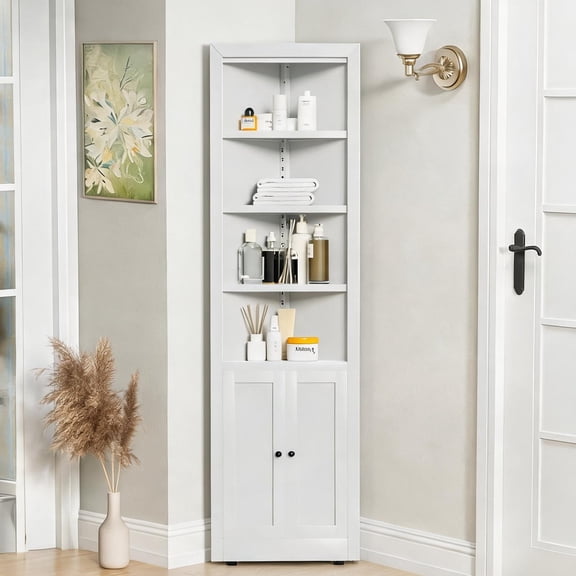 Corner Storage Cabinet, Space-Saving 71-Inch Tall Metal Organizer, Classic White
