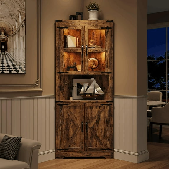 Corner Storage Cabinet with Glass Doors, Double-Door Corner Cabinet, Corner Cabinet with Shelves, Corner Cabinet with Light Strips-Retro color