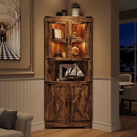 Corner Storage Cabinet with Glass Doors, Double-Door Corner Cabinet, Corner Cabinet with Shelves, Corner Cabinet with Light Strips-Retro color
