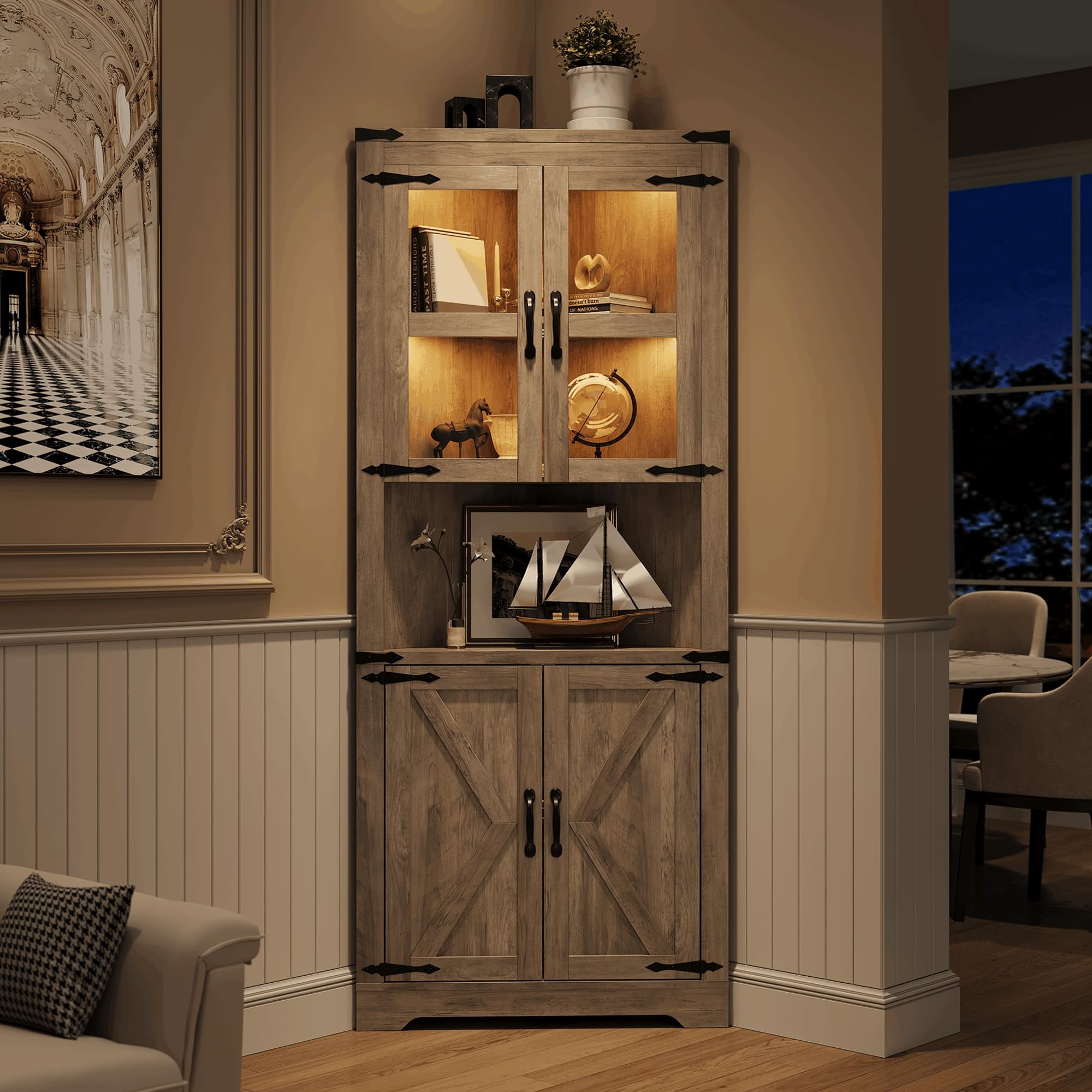 Corner Storage Cabinet with Glass Doors, Double-Door Corner Cabinet, Corner Cabinet with Shelves, Corner Cabinet with Light Strips-gray