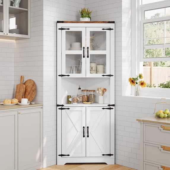 Corner Storage Cabinet with Glass Doors, Double-Door Corner Cabinet, Corner Cabinet with Shelves, Corner Cabinet with Light Strips-white