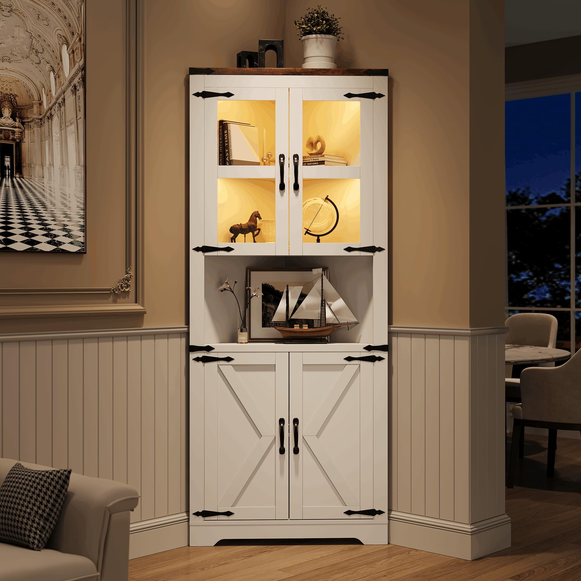 Corner Storage Cabinet with Glass Doors, Double-Door Corner Cabinet, Corner Cabinet with Shelves, Corner Cabinet with Light Strips-white