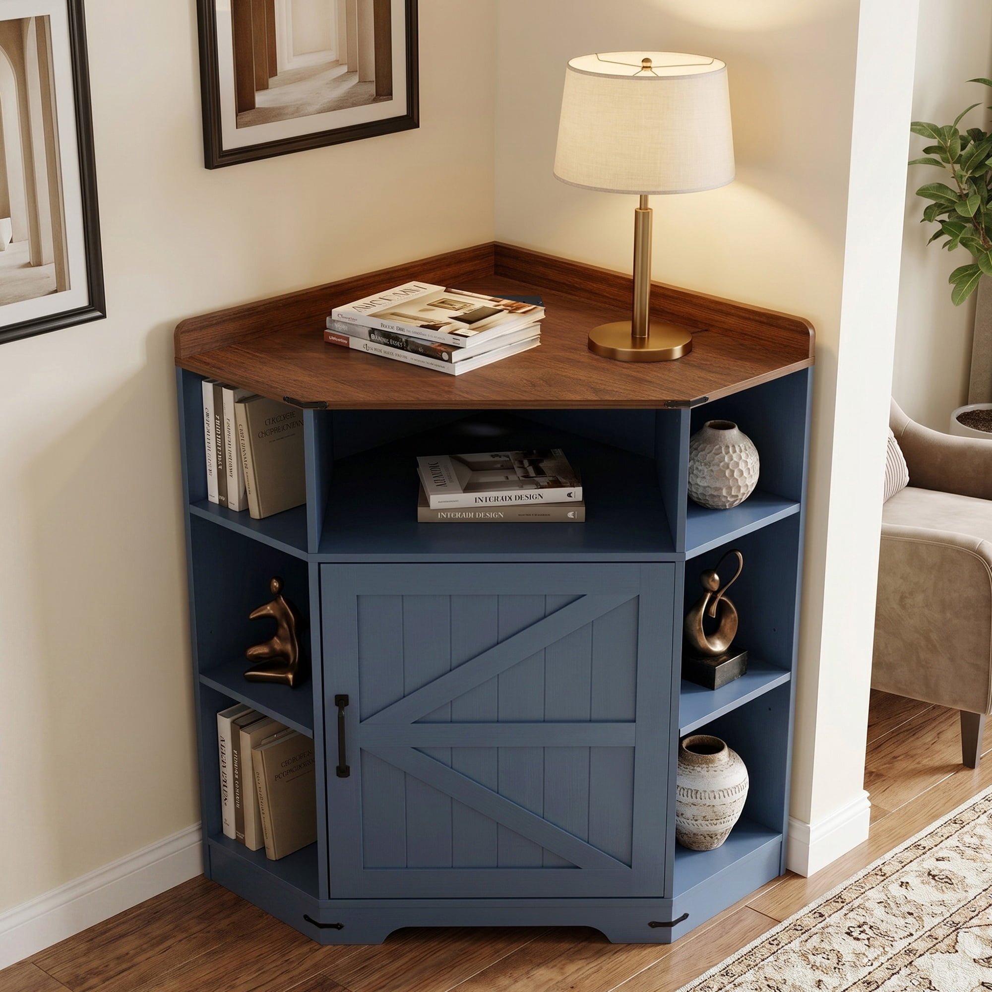 Corner Storage Shelf Cabinet with USB Ports and Outlets, 6-Cubby Wooden Bookshelf and Display Organizer for Small Spaces and Study, Blue and Brown