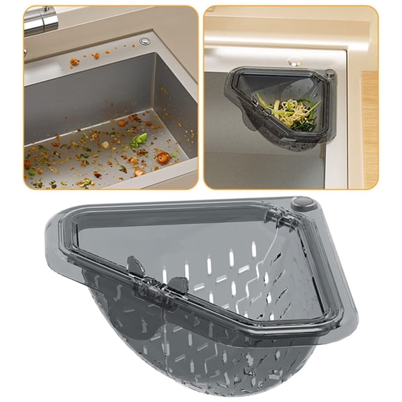Corner Strainer Basket With Open Bottom 6.69" Triangular Drain Rack For Scraps Sponge Holder & Quick Rinse Produce Basket No Drill Mount With Adhesive Metal Plate,Dish Drying Rack