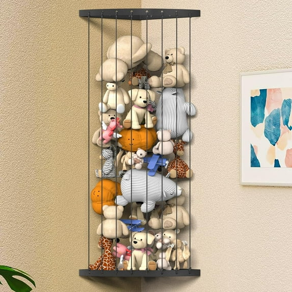 Corner Stuffed Animal Storage Organizer, Toy Stuffed Animals Hammock Net Adjustable Length, Spave Save for Hanging Wall Plush Toy Holder, Kids Furniture room Decor for Nursery Playroom Bedroom, Black