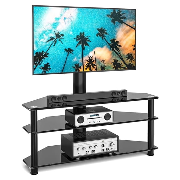 Corner Swivel Glass TV Stand with Mount for 32-70 Inch Screen TV up to 110lbs, Height Adjustable Corner TV Stand with Mount, Entertainment Center with TV Mount and 3-Tier Storage for AV Media