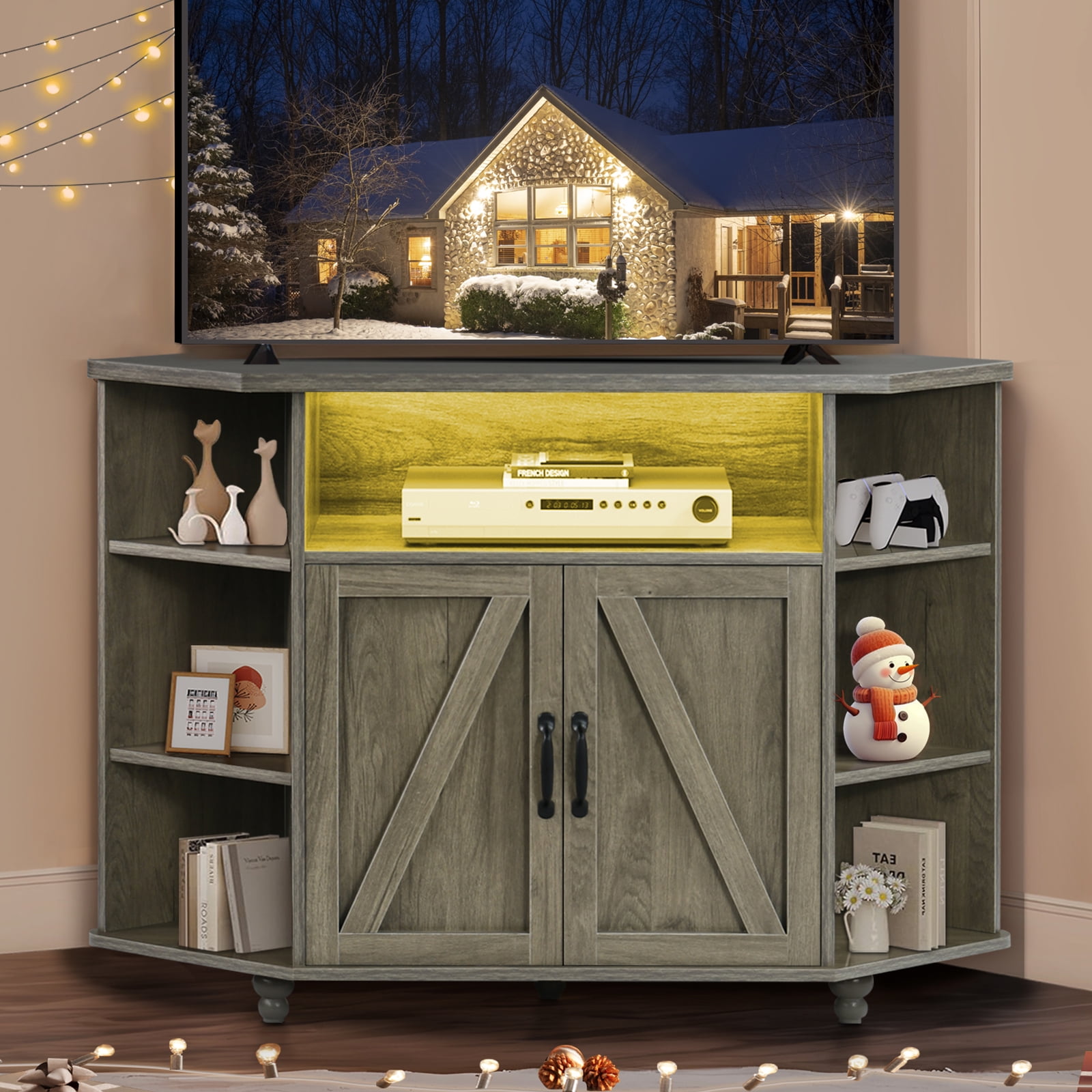 Corner TV Cabinet with LED Lights for 50 Inch TV, Adjustable Shelves, Farmhouse Barn Door Media Console with Storage & Cable Management,Grey
