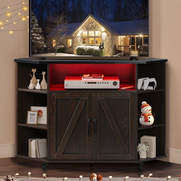 Corner TV Cabinet with LED Lights for 50 Inch TV, Adjustable Storage Shelves, Farmhouse Barn Door Media Console with Cable Management, Brown & Black