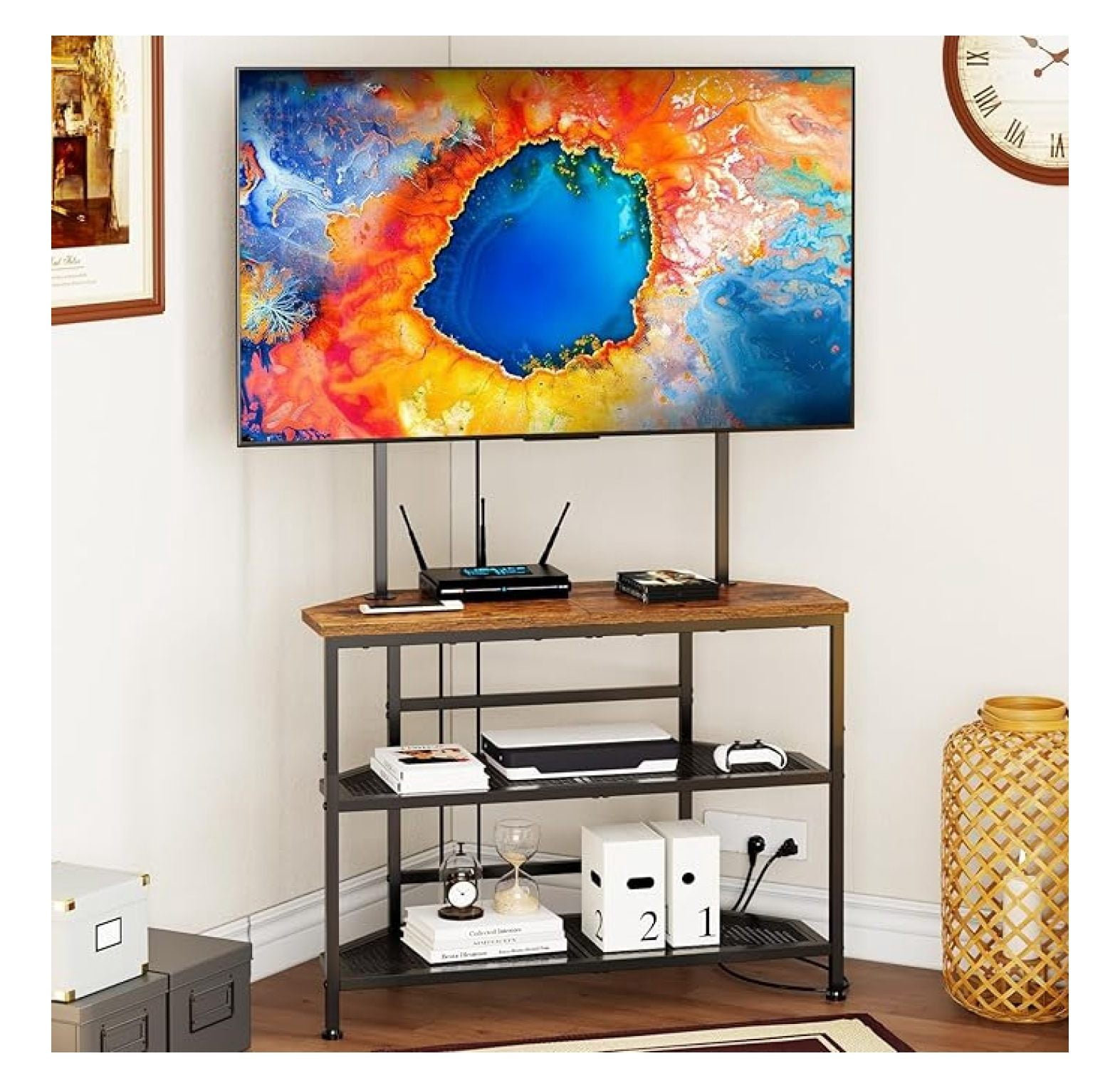 Corner TV Stand 23-60 inch, Rustic TV Desk with Mount & Shelves, Small ...
