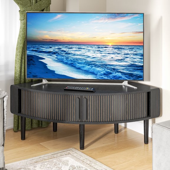 Corner TV Stand for 40 inch TV, Curved Corner Entertainment Center with Storage, Mid-Century Modern Media Console with Sliding Doors,for Living Room, Bedroom, Apartment, Black