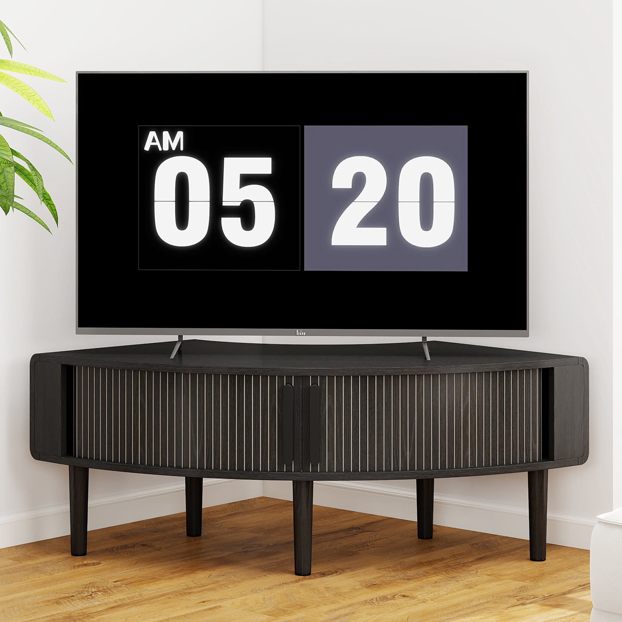 Corner TV Stand for 40 inch TV, Curved Corner Entertainment Center with Storage, Mid-Century Modern Media Console with Sliding Doors,for Living Room, Bedroom, Apartment, Black